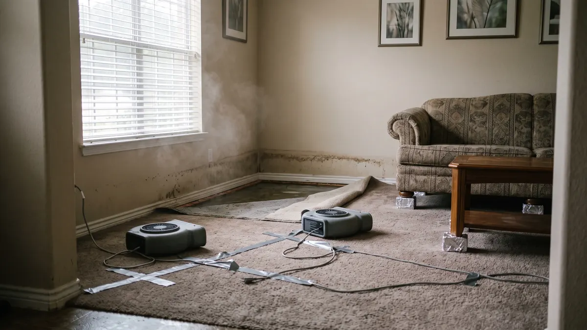 Living room after floodwater receded, with a waterline stain on the wall, carpet pulled back, and air movers drying the room