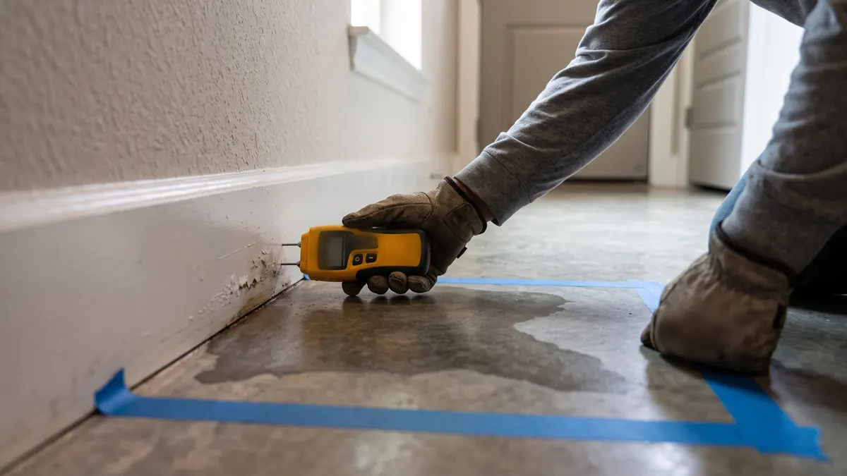 Gloved hands checking a damp concrete floor along a baseboard with a moisture meter